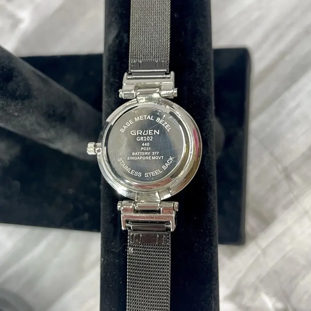 Gruen Wrist Watch Silver Dial Black Mesh Band Glitter 90s Womens Classic Dress